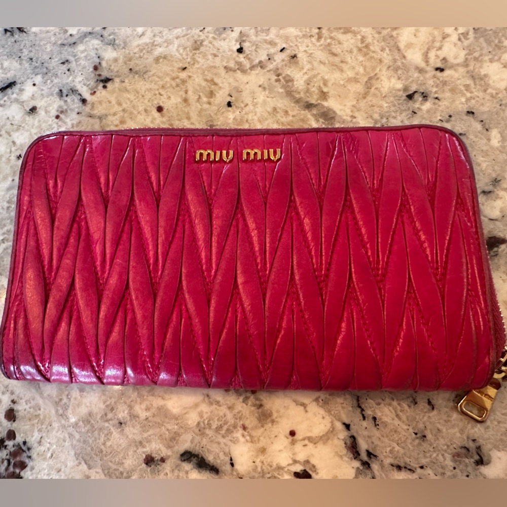 Miu Miu Berry Pink Leather Quilted Long Zip Wallet